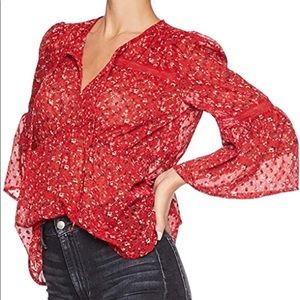 Lucky Brand Swiss Dot Ditzy Red Floral Print Peasant Top Bell Sleeves Medium NEW